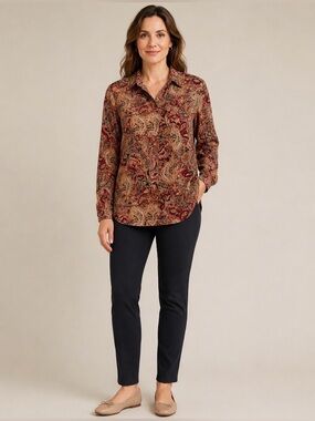 JM Collection Woman 2X Paisley Roll-Tab Sleeve Burgundy Boho Plus Size Blouse